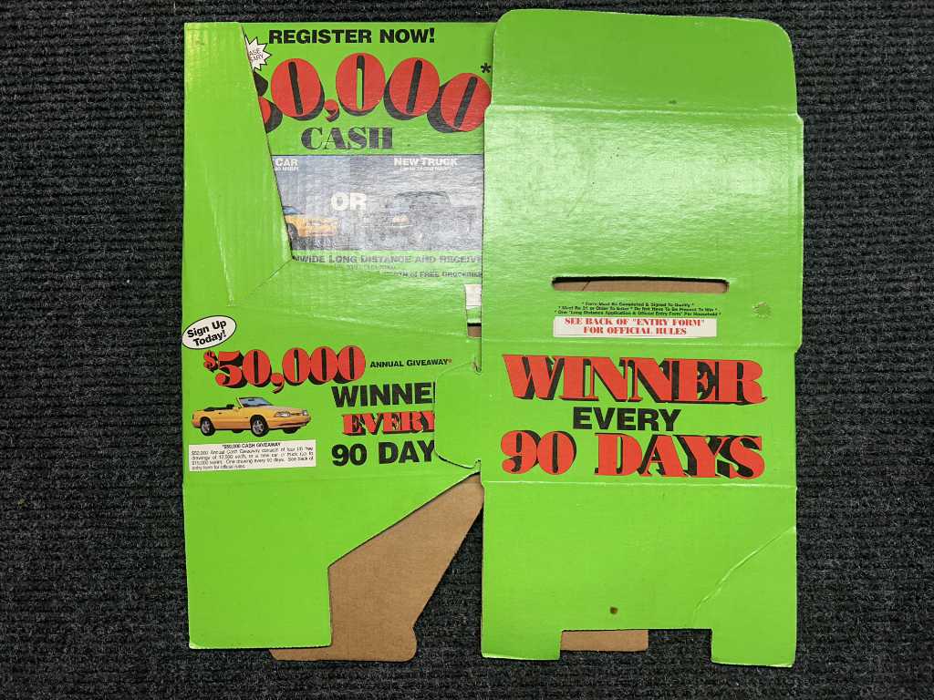 Giveaway entry box (unfolded) with 1993 Feature Mustang photo